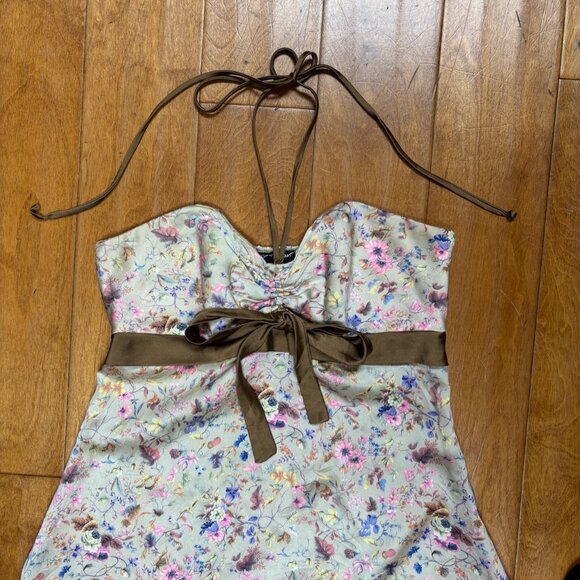 VTG Betsey Johnson Womens Silk Foral Dress Size 6 Halter Shirred Fairy Y2K 90s - Picture 2 of 9